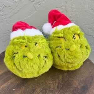 Grinch Holiday New Plush Kids Slippers Green Santa Hat Christmas Sz 11-12